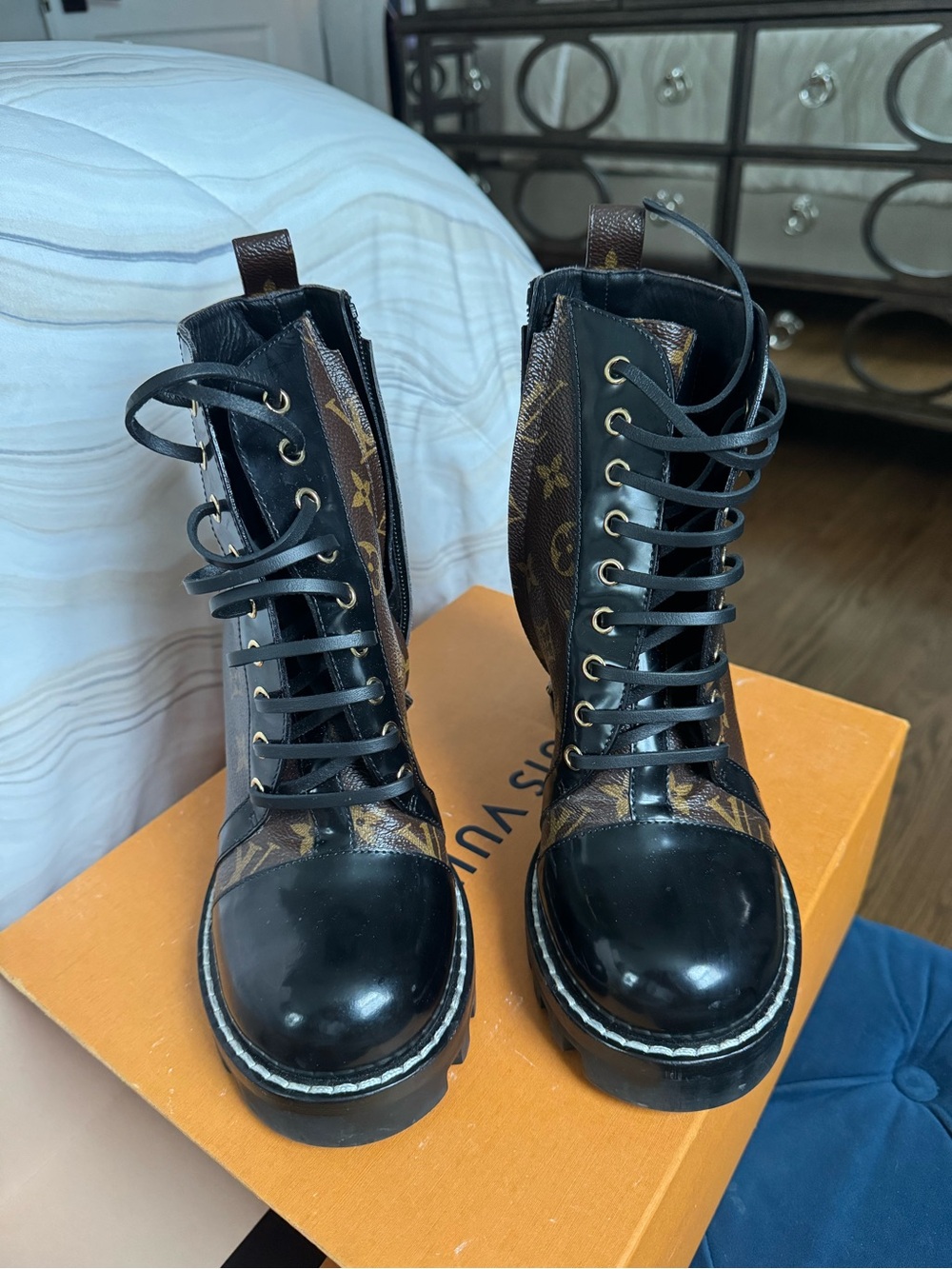 Louis Vuitton Black and Brown Monogram Lace-Up Platform Boots